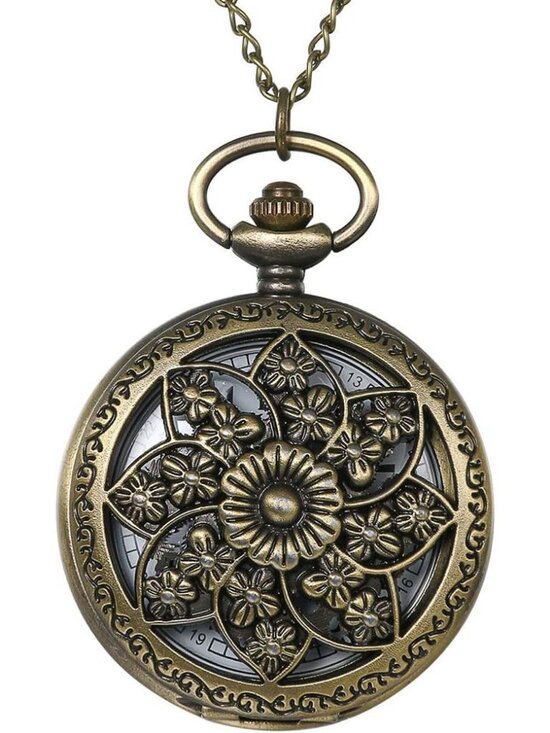 Accessories - Women's White Quartz Antique Bronze Retro Hollow Rose Flowers Round Pocket Watch